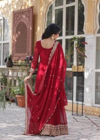 Wine Maroon Colour Sequins Embroidered Womens Wedding Designer Gown With Dupatta