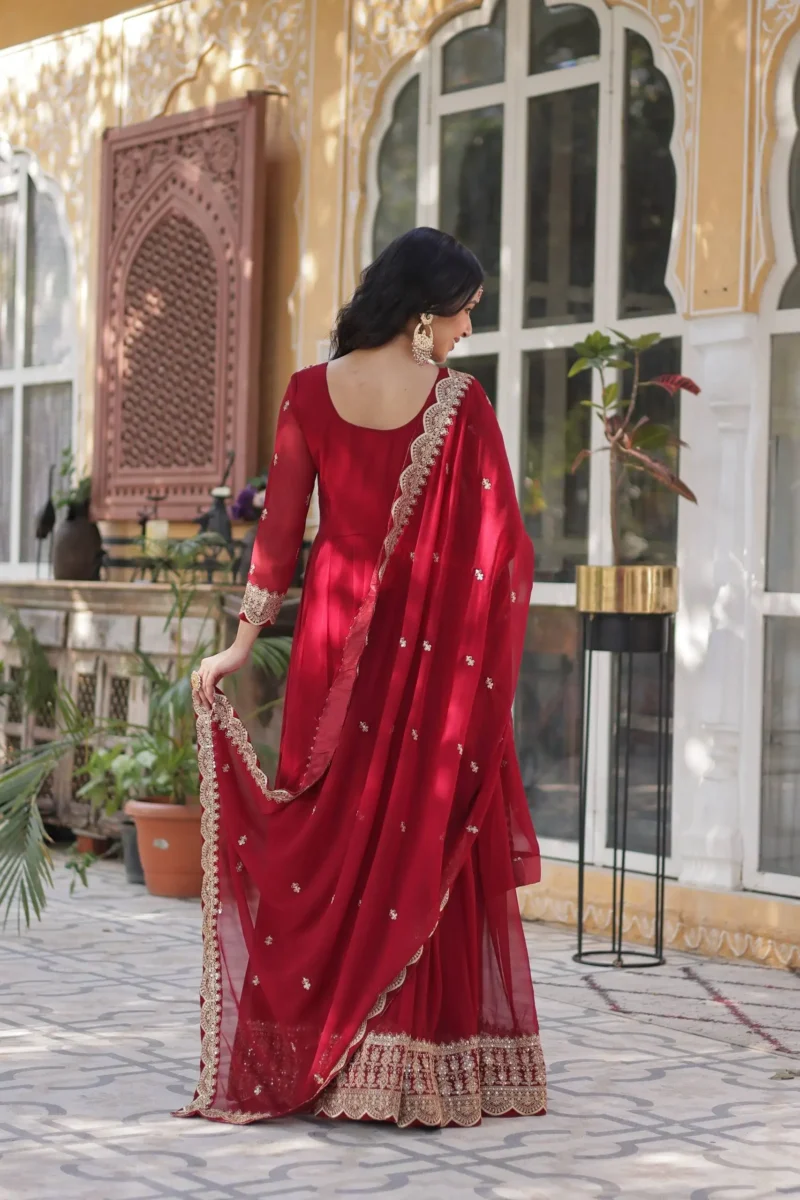 Wine Maroon Colour Sequins Embroidered Womens Wedding Designer Gown With Dupatta