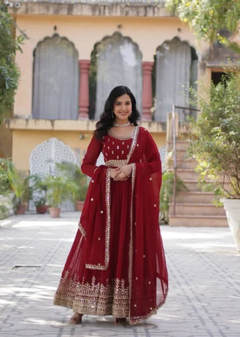 Wine Maroon Colour Sequins Embroidered Womens Wedding Designer Gown With Dupatta
