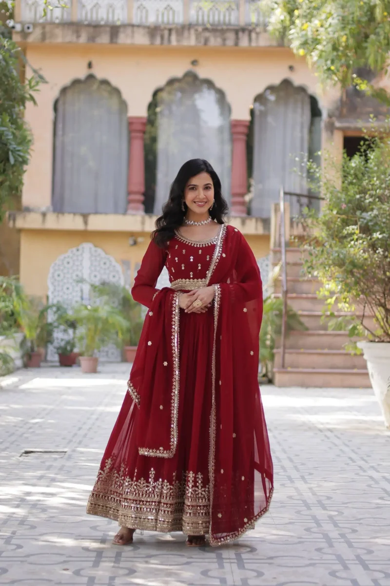 Wine Maroon Colour Sequins Embroidered Womens Wedding Designer Gown With Dupatta