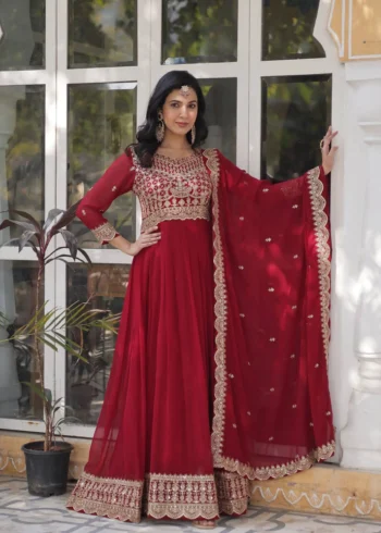 Wine Maroon Colour Sequins Embroidered Womens Wedding Designer Gown With Dupatta