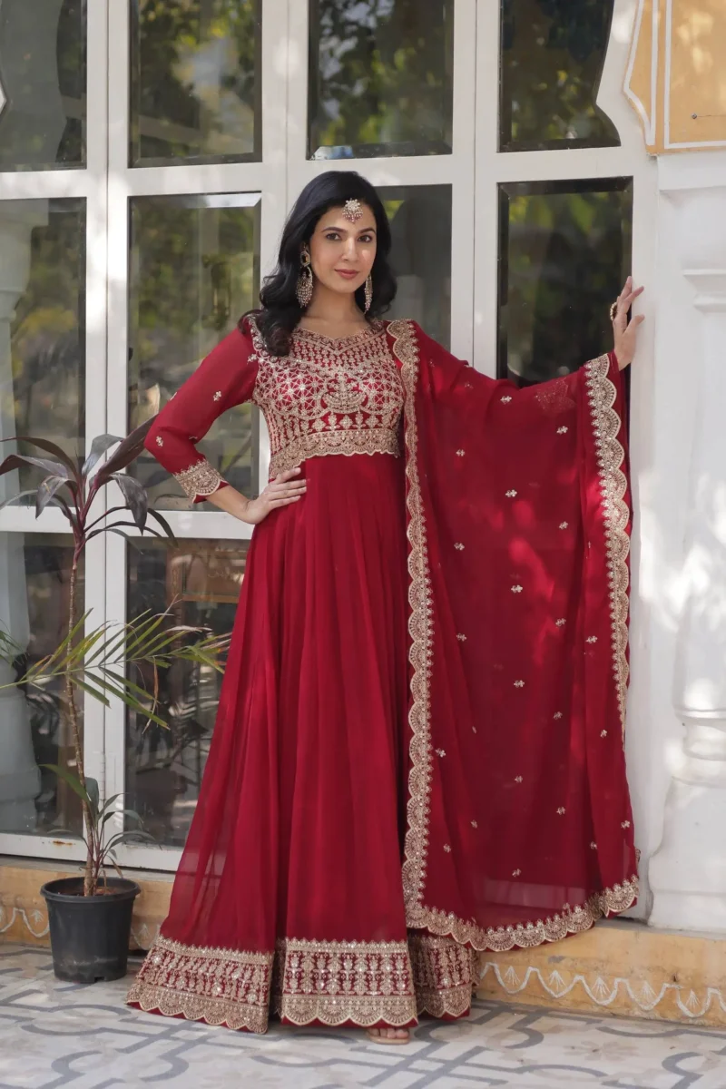 Wine Maroon Colour Sequins Embroidered Womens Wedding Designer Gown With Dupatta