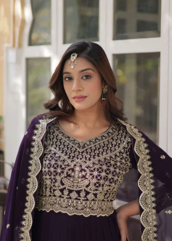 Wine Maroon Colour Sequins Embroidered Womens Wedding Designer Gown With Dupatta