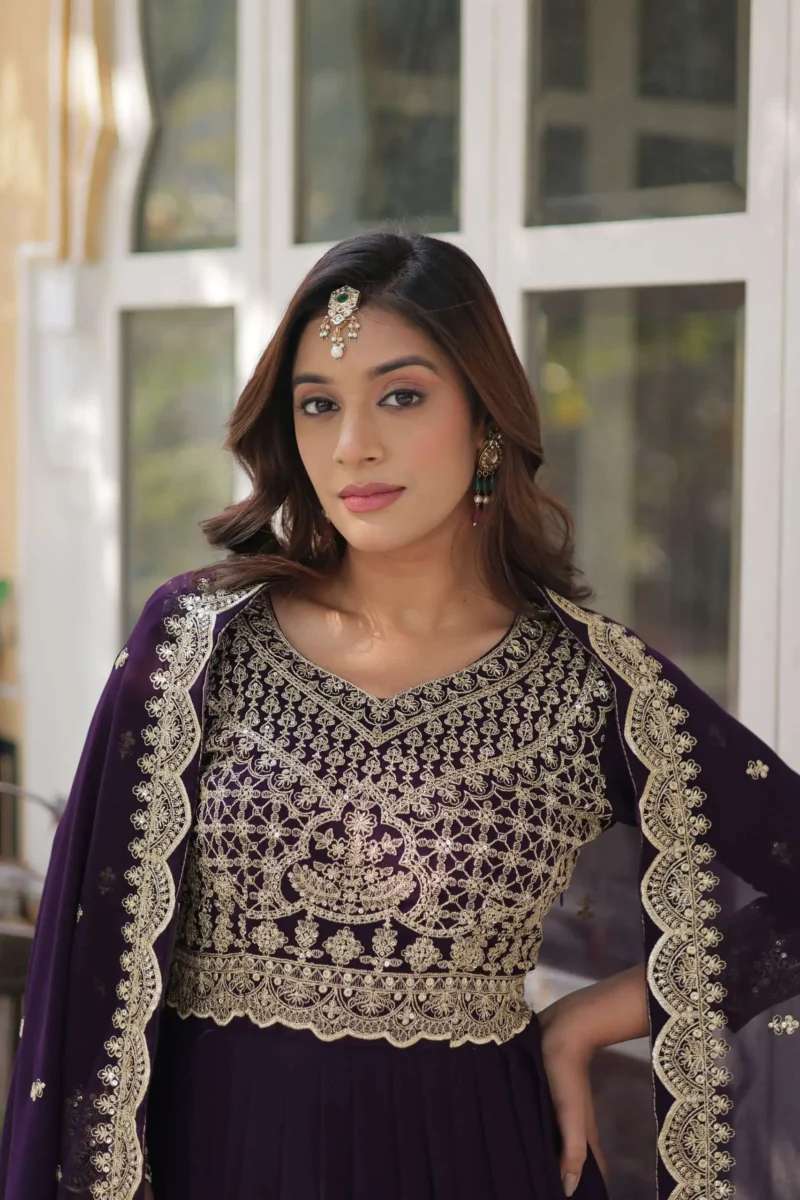 Wine Maroon Colour Sequins Embroidered Womens Wedding Designer Gown With Dupatta