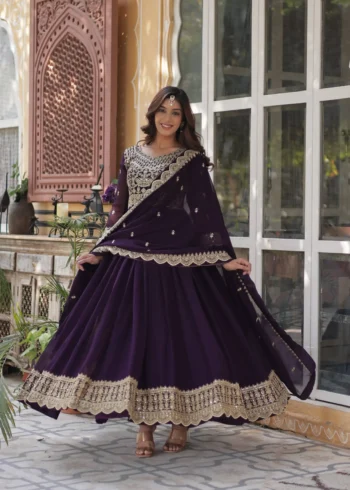 Wine Maroon Colour Sequins Embroidered Womens Wedding Designer Gown With Dupatta