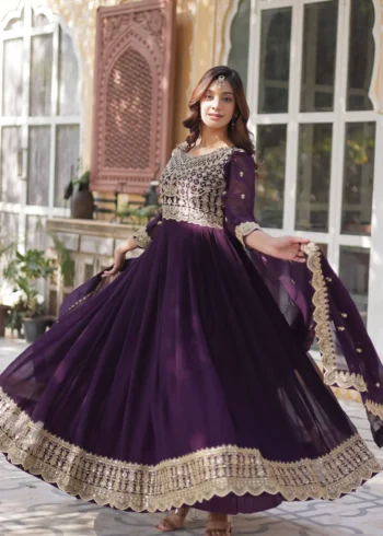 Wine Maroon Colour Sequins Embroidered Womens Wedding Designer Gown With Dupatta