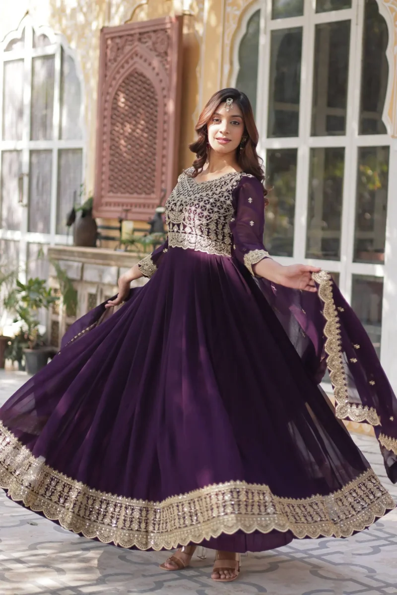 Wine Maroon Colour Sequins Embroidered Womens Wedding Designer Gown With Dupatta