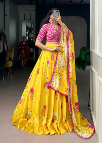 Yellow Colour Floral Printed Flared Georgette Lehenga For Wedding