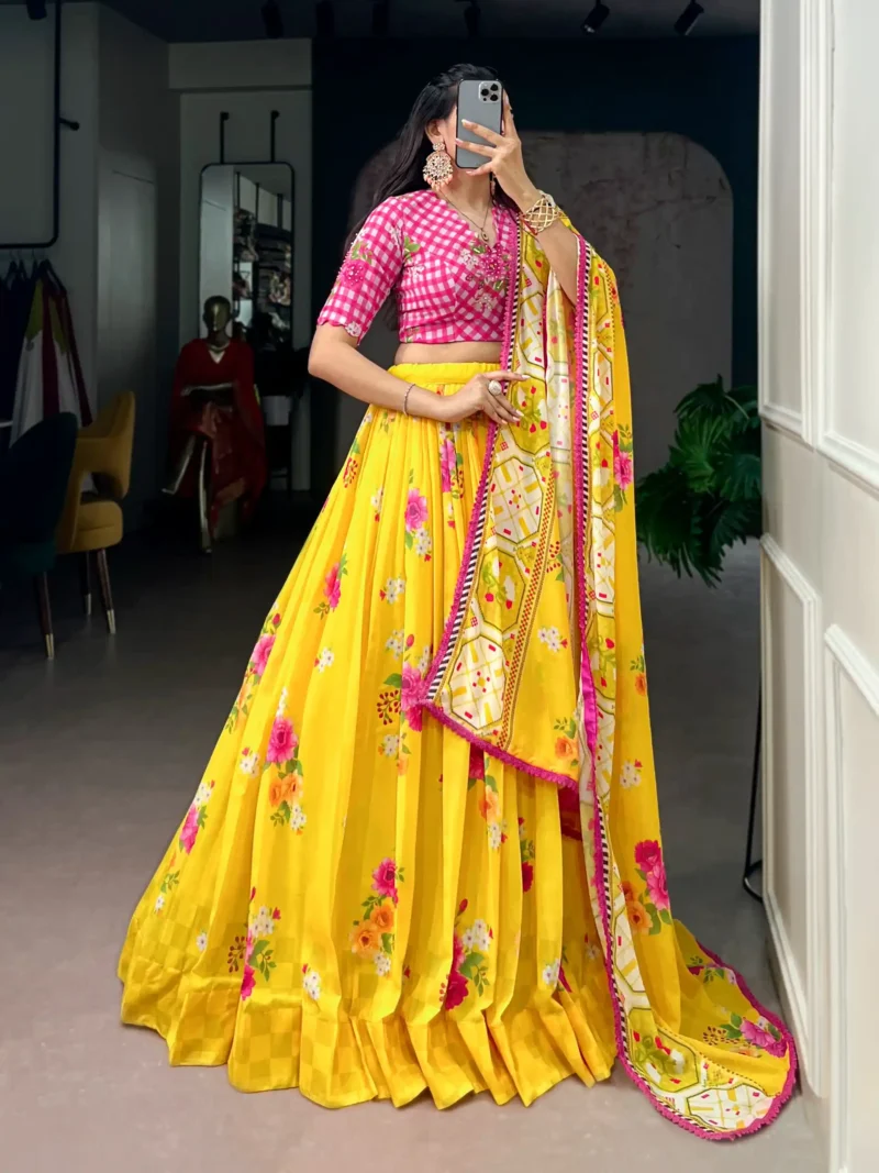 Yellow Colour Floral Printed Flared Georgette Lehenga For Wedding