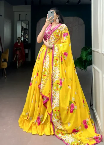 Yellow Colour Floral Printed Flared Georgette Lehenga For Wedding
