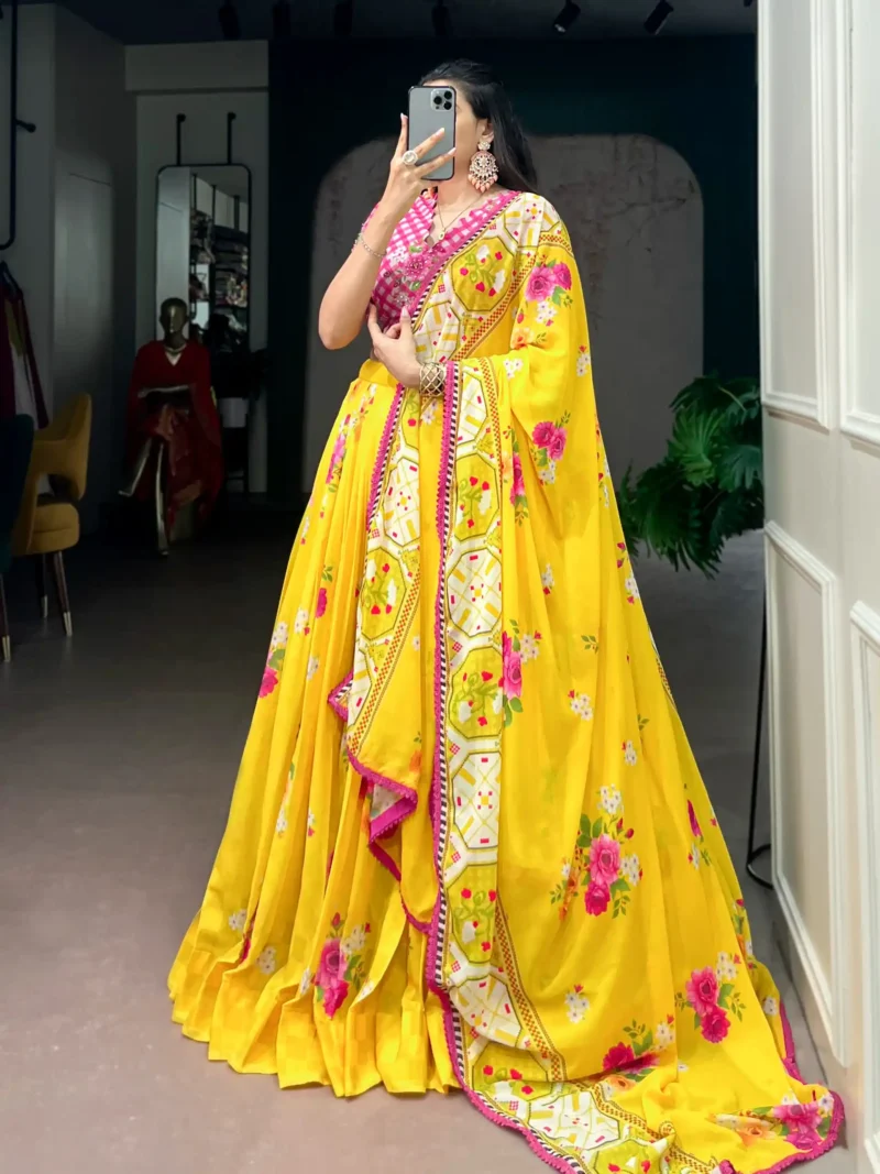 Yellow Colour Floral Printed Flared Georgette Lehenga For Wedding