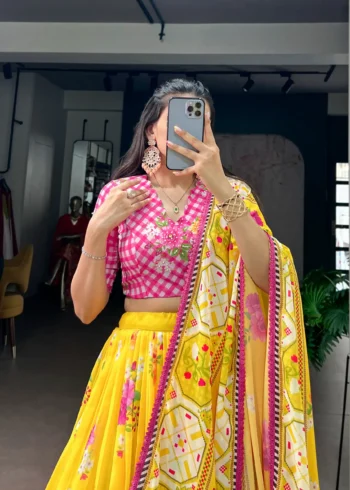Yellow Colour Floral Printed Flared Georgette Lehenga For Wedding