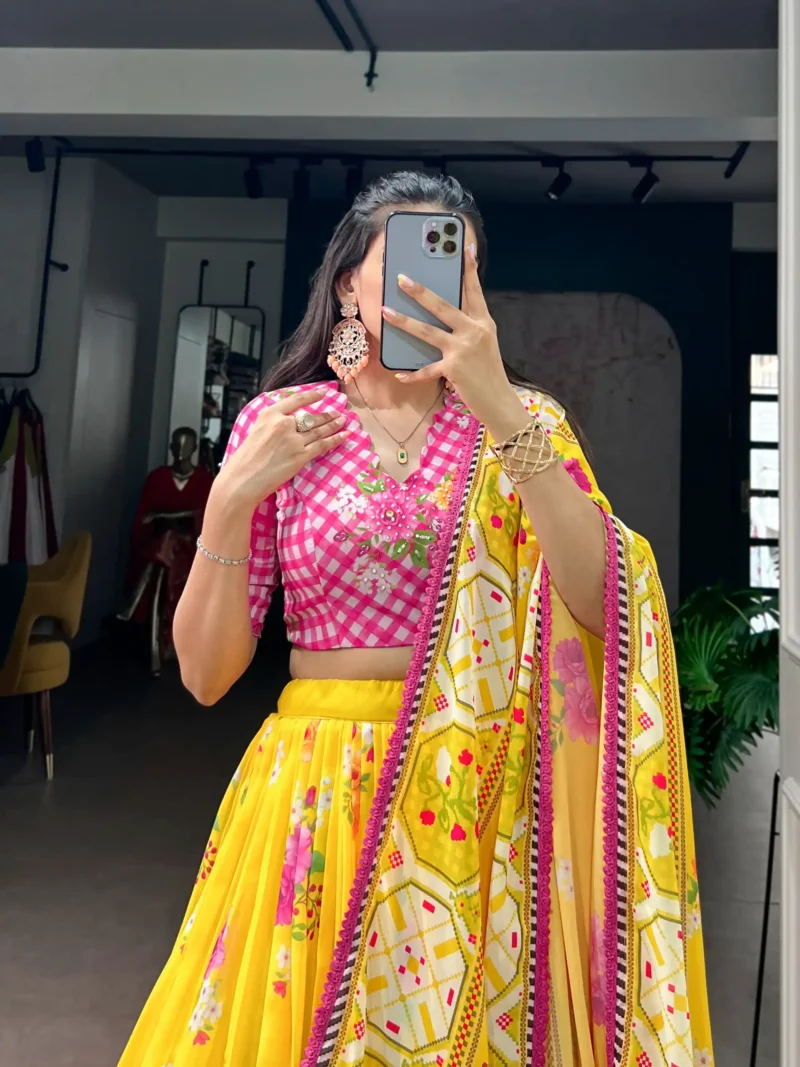 Yellow Colour Floral Printed Flared Georgette Lehenga For Wedding