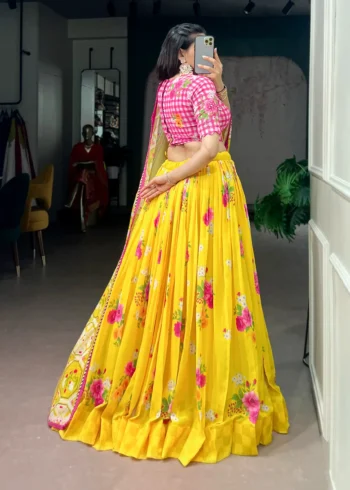 Yellow Colour Floral Printed Flared Georgette Lehenga For Wedding