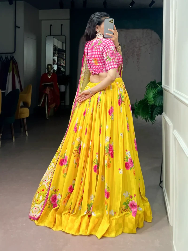 Yellow Colour Floral Printed Flared Georgette Lehenga For Wedding