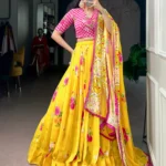 Yellow Colour Floral Printed Flared Georgette Lehenga For Wedding