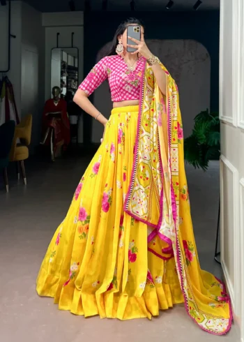 Yellow Colour Floral Printed Flared Georgette Lehenga For Wedding