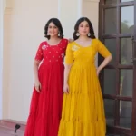 Yellow Red Colour Womens Readymade Beads Embroidered Flaired Gown