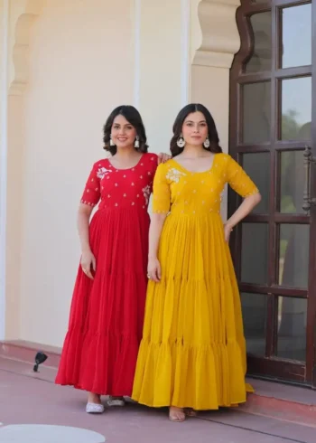Yellow Red Colour Womens Readymade Beads Embroidered Flaired Gown