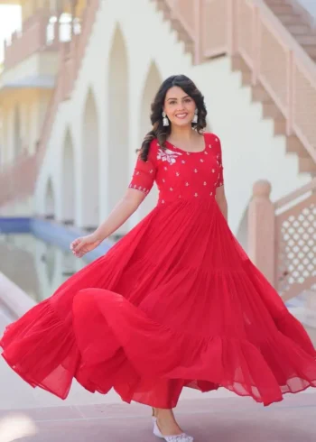 Yellow Red Colour Womens Readymade Beads Embroidered Flaired Gown