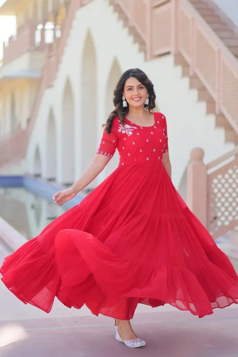 Yellow Red Colour Womens Readymade Beads Embroidered Flaired Gown