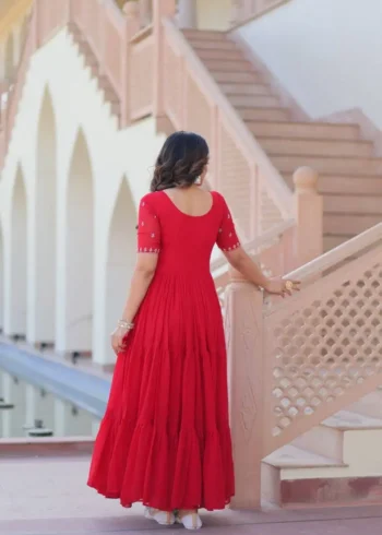 Yellow Red Colour Womens Readymade Beads Embroidered Flaired Gown