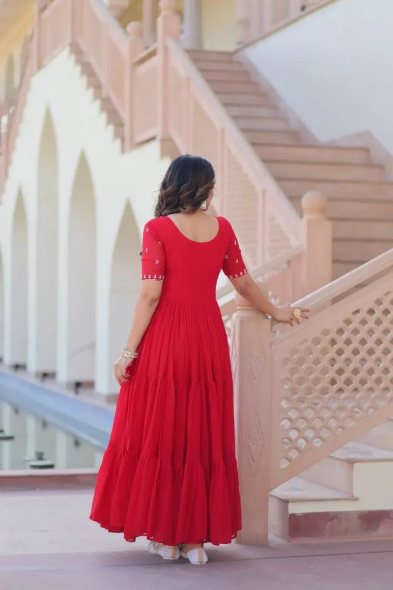 Yellow Red Colour Womens Readymade Beads Embroidered Flaired Gown