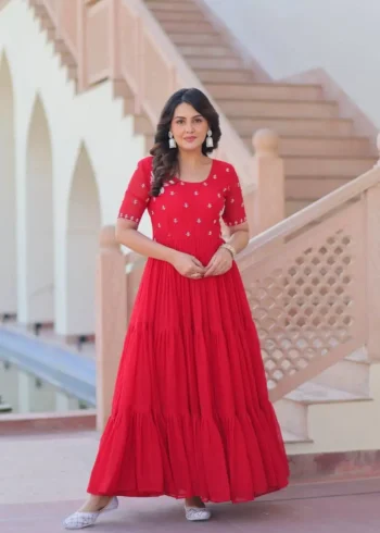 Yellow Red Colour Womens Readymade Beads Embroidered Flaired Gown