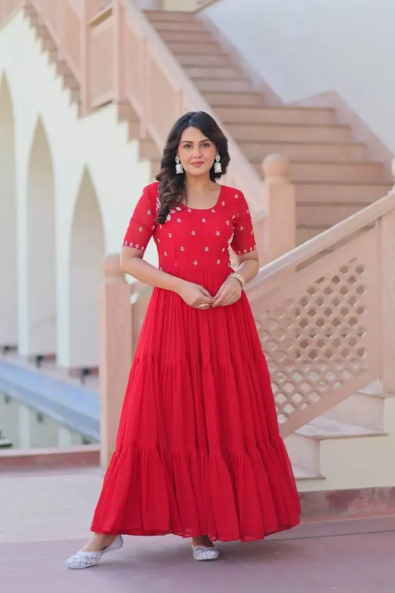 Yellow Red Colour Womens Readymade Beads Embroidered Flaired Gown