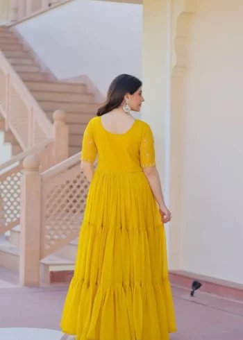 Yellow Red Colour Womens Readymade Beads Embroidered Flaired Gown