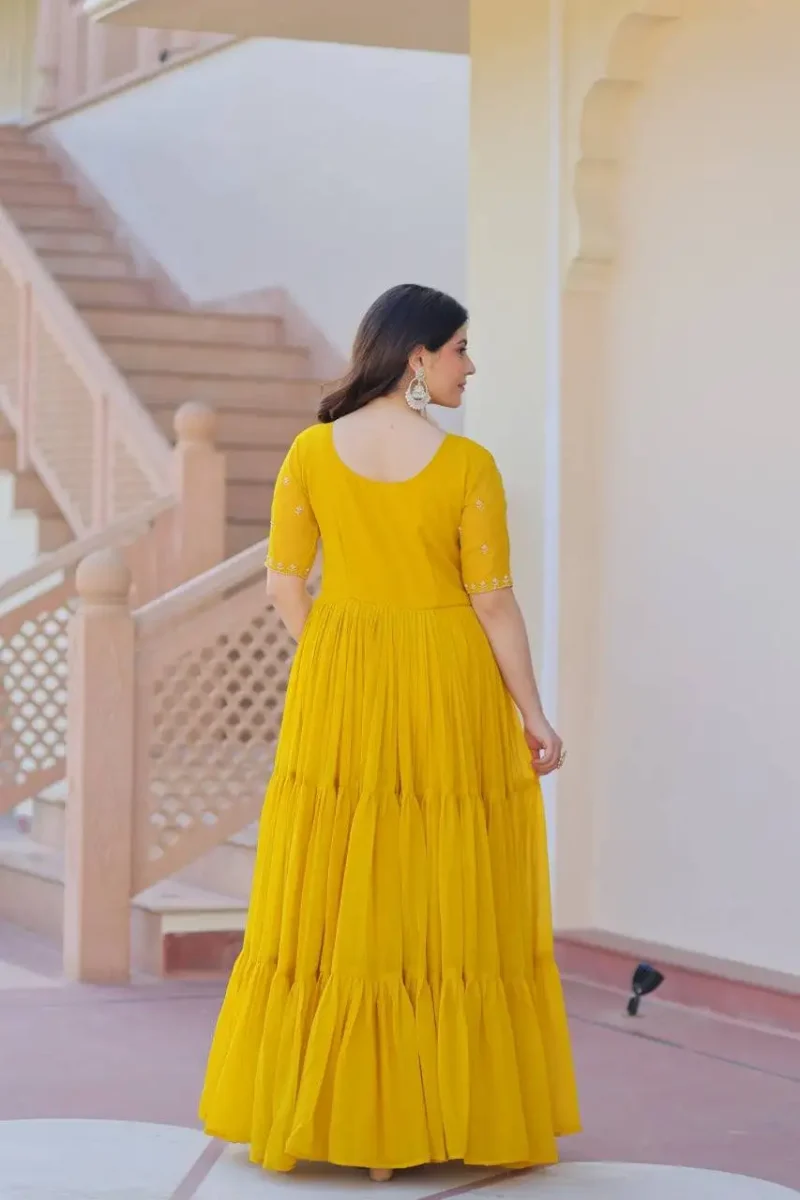 Yellow Red Colour Womens Readymade Beads Embroidered Flaired Gown