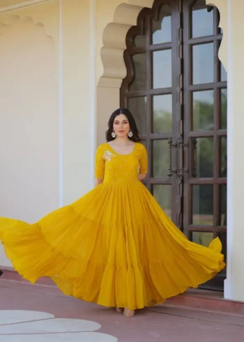 Yellow Red Colour Womens Readymade Beads Embroidered Flaired Gown