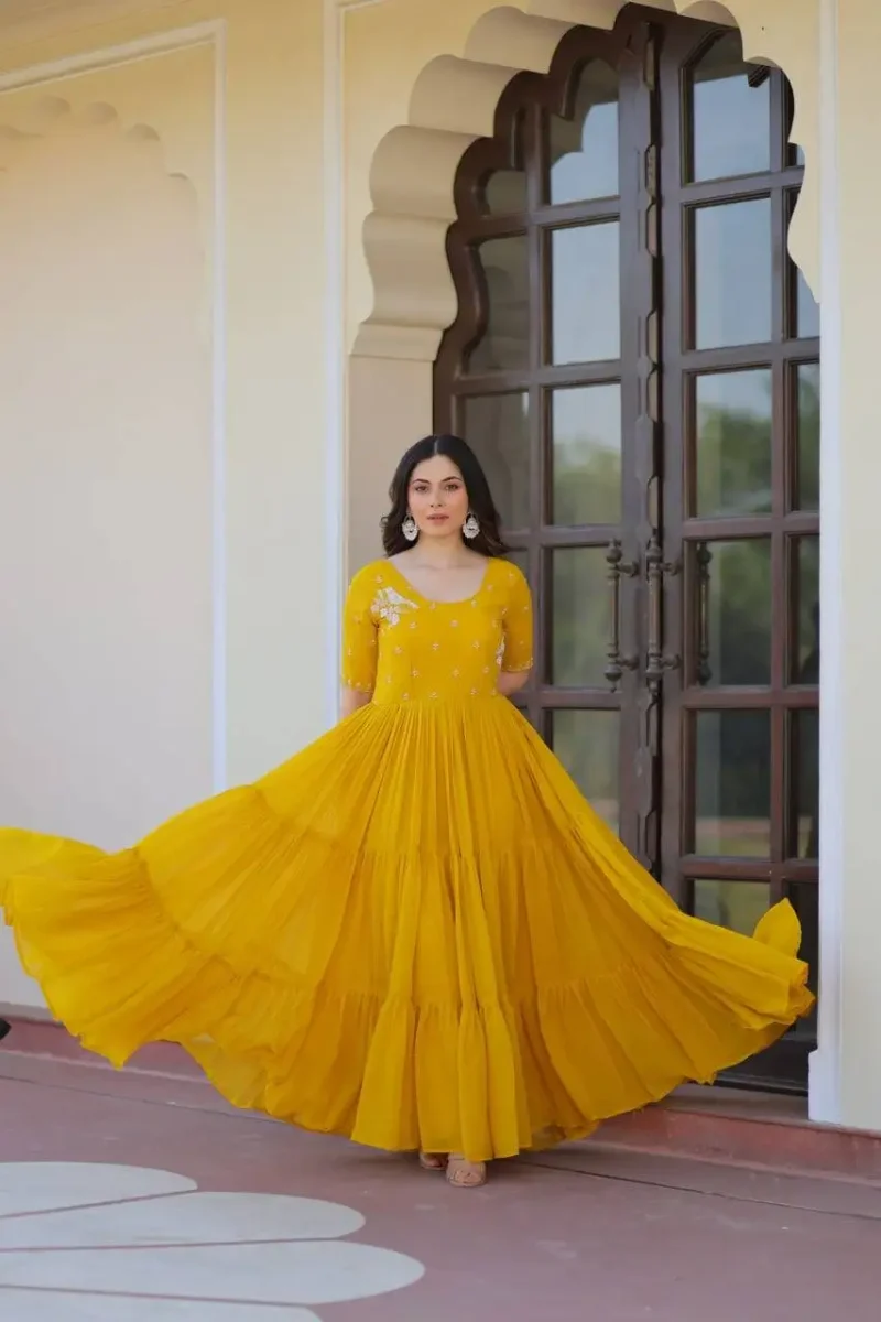 Yellow Red Colour Womens Readymade Beads Embroidered Flaired Gown
