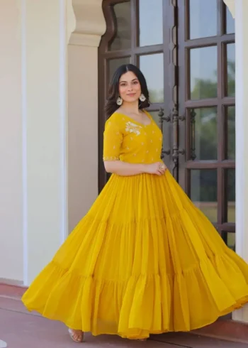Yellow Red Colour Womens Readymade Beads Embroidered Flaired Gown