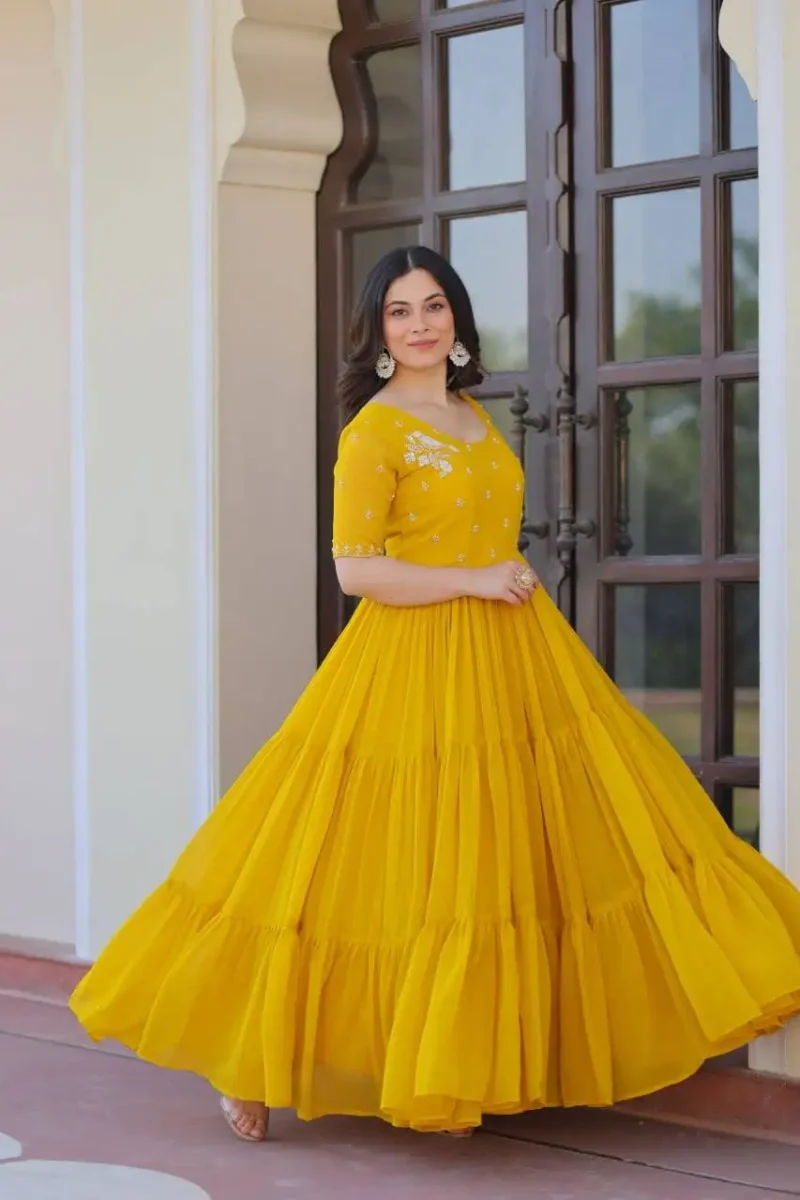 Yellow Red Colour Womens Readymade Beads Embroidered Flaired Gown