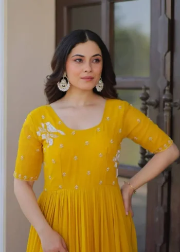 Yellow Red Colour Womens Readymade Beads Embroidered Flaired Gown