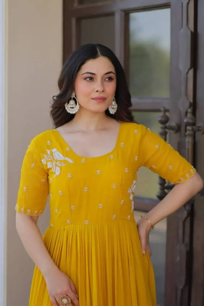 Yellow Red Colour Womens Readymade Beads Embroidered Flaired Gown