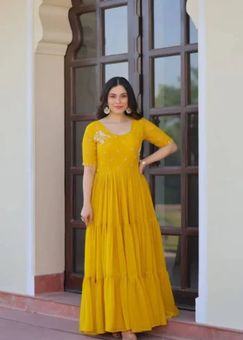 Yellow Red Colour Womens Readymade Beads Embroidered Flaired Gown