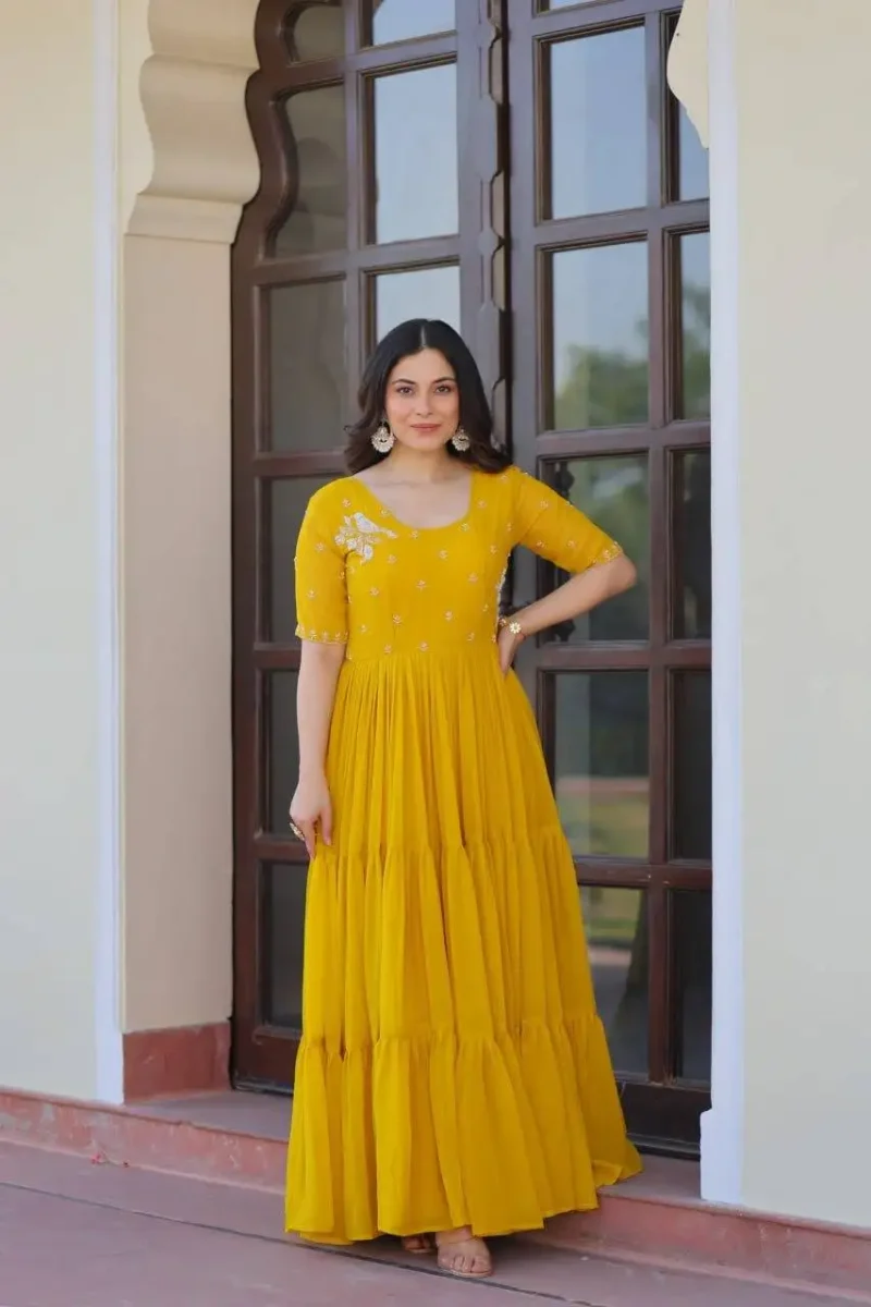 Yellow Red Colour Womens Readymade Beads Embroidered Flaired Gown