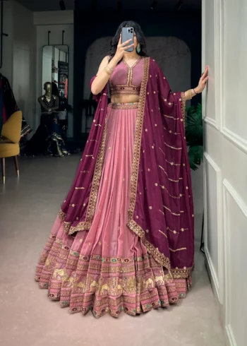 Aqua Georgette Party Wear embroidered Lehenga in Baby pink colour