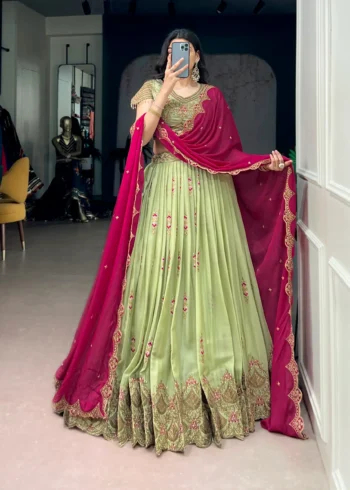 Aqua Georgette Party Wear embroidered Lehenga in pista colour front