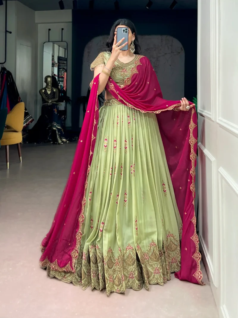 Aqua Georgette Party Wear embroidered Lehenga in pista colour front