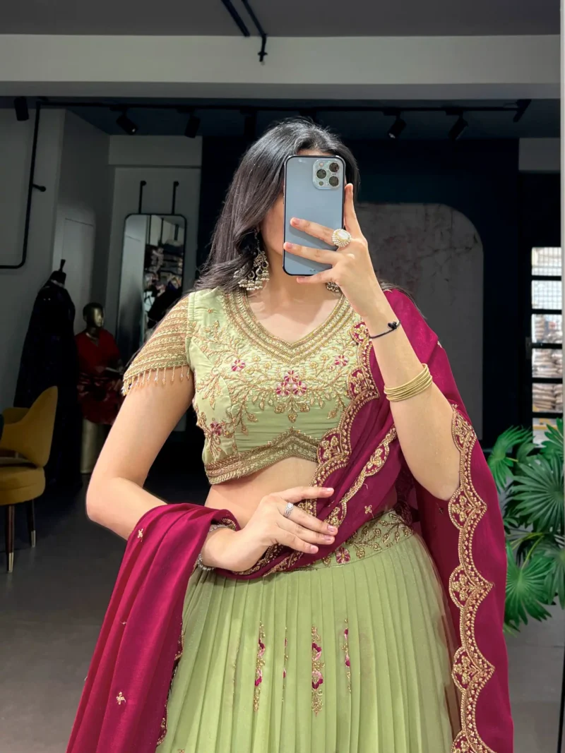 Aqua Georgette Party Wear embroidered Lehenga in pista colour close blouse view