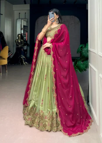 Aqua Georgette Party Wear embroidered Lehenga in pista colour side view