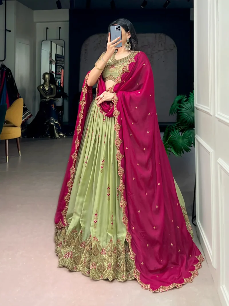 Aqua Georgette Party Wear embroidered Lehenga in pista colour side view