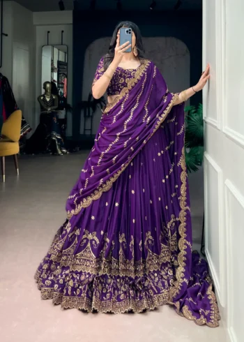 Aqua Georgette Party Wear embroidered Lehenga in purple colour front view