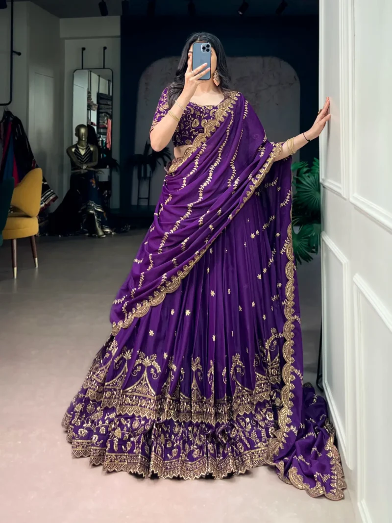 Aqua Georgette Party Wear embroidered Lehenga in purple colour front view