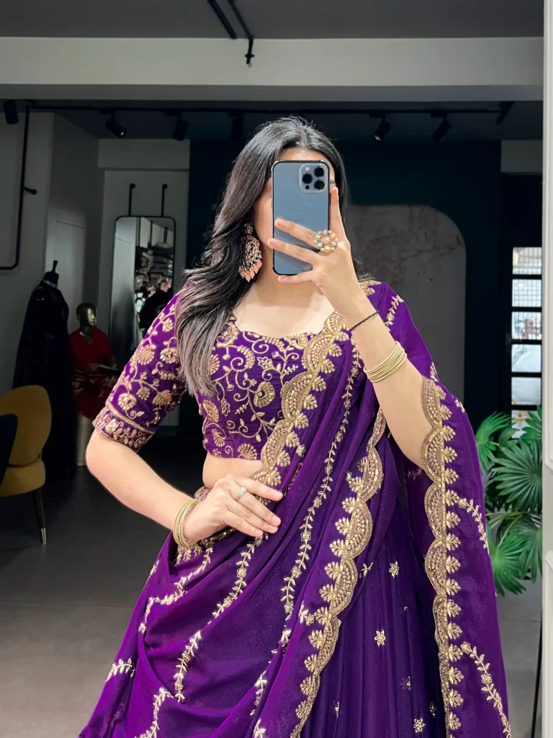Aqua Georgette Party Wear embroidered Lehenga in purple colour close blouse view