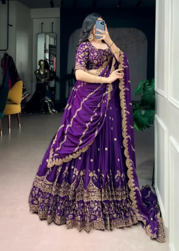 Aqua Georgette Party Wear embroidered Lehenga in purple colour side view
