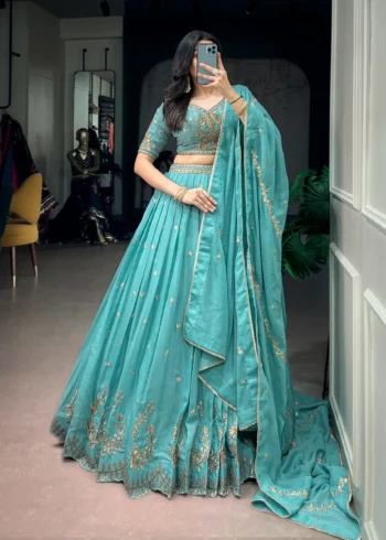 Aqua Georgette Party Wear embroidered Lehenga in sky blue colour front